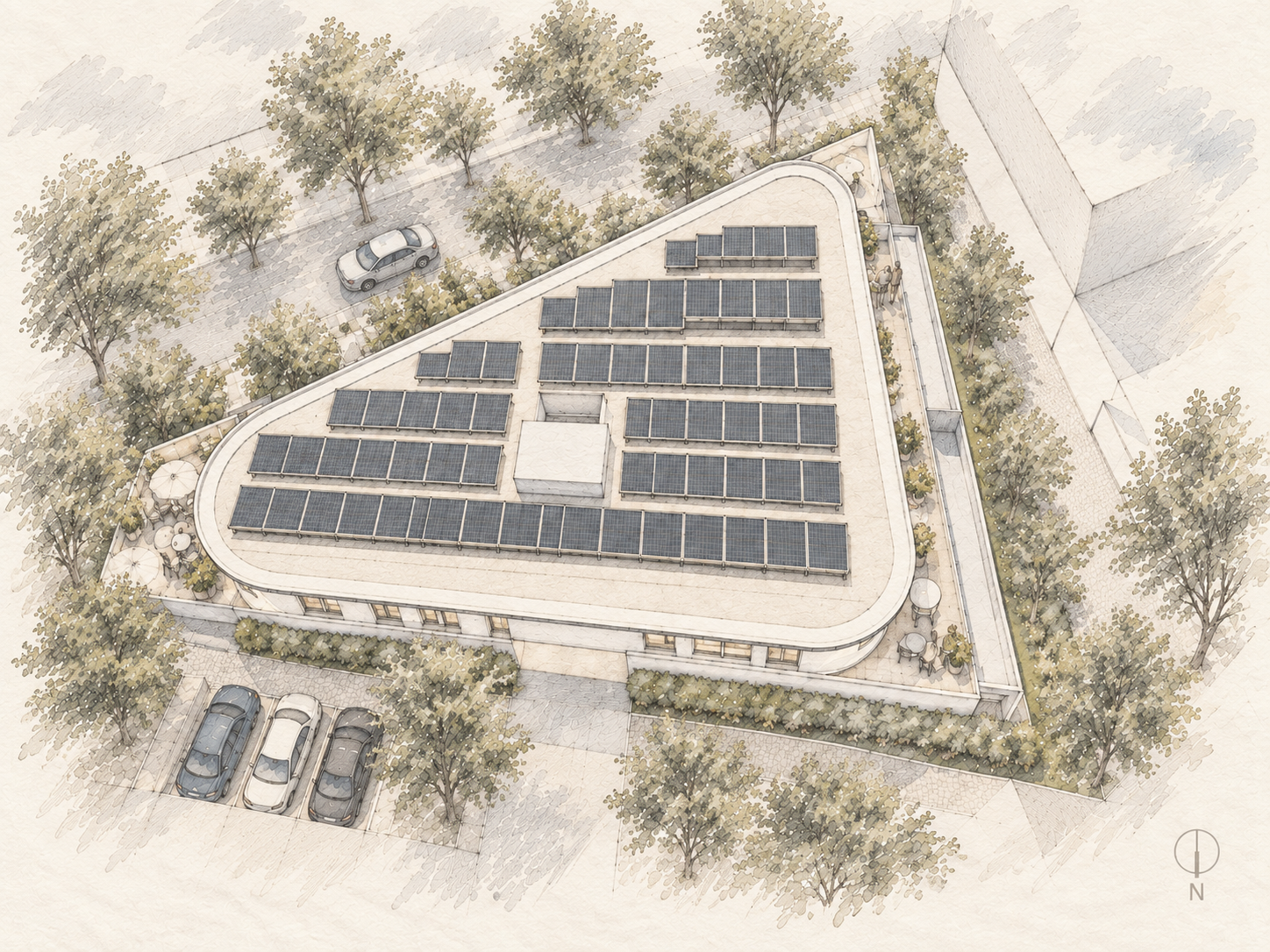 Aktuelles Projekt aus dem Atelier – skizzenhafte Dachaufsicht mit PV-Anlage