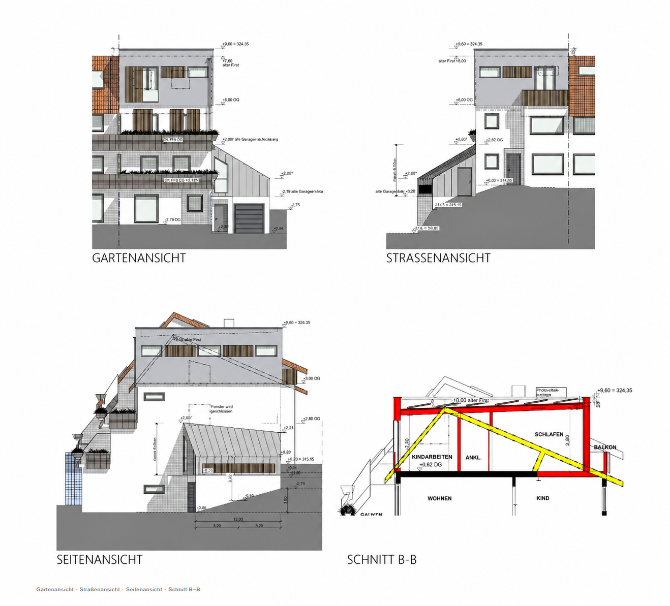 Bereinigte Planzeichnung mit Gartenansicht, Straßenansicht, Seitenansicht und Schnitt B–B