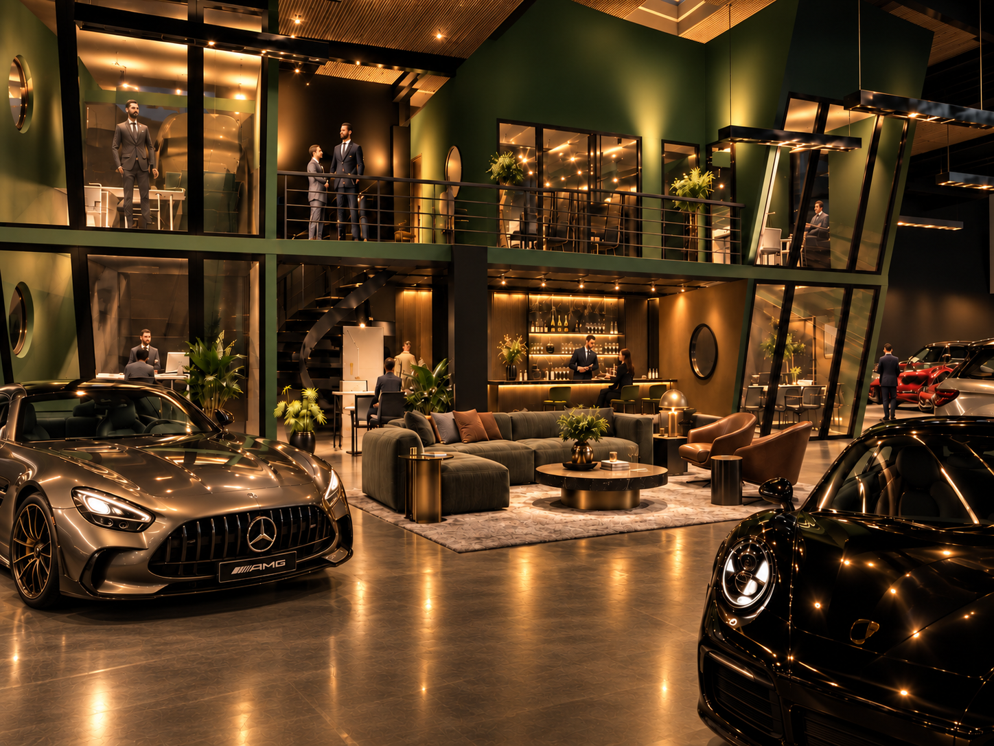 Automobil-Showroom – Raumstruktur mit Lounge und 20°-Kanzeln, ohne störende Stützen im oberen Bereich