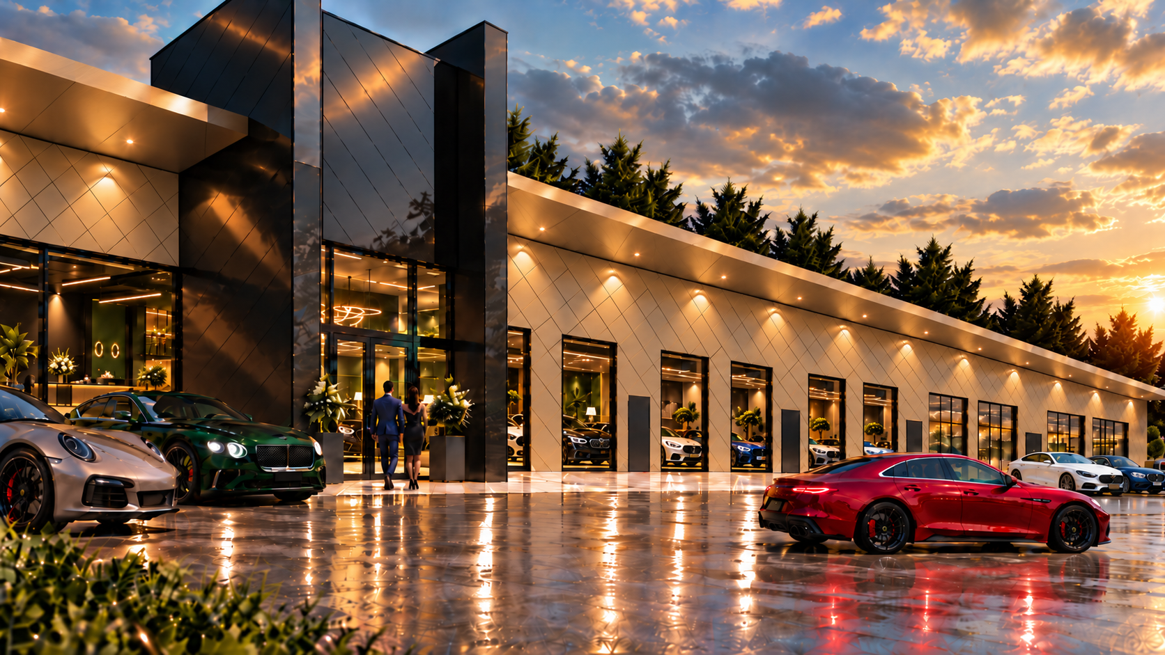 Automobil-Showroom Wuppertal – Tageslichtvisualisierung der finalen Fassadenstudie mit vorgezogenem Turm und auskragendem Dach