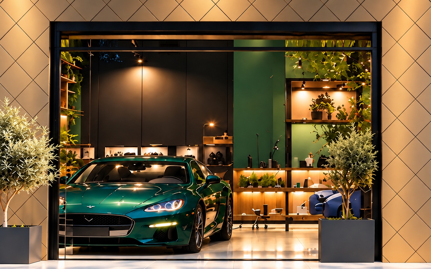 Automobil-Showroom Wuppertal – Schaufensteransicht mit grünem Sportwagen, so beschnitten, dass oberer und unterer schwarzer Rahmen ruhig mit Bild 03 harmonieren.