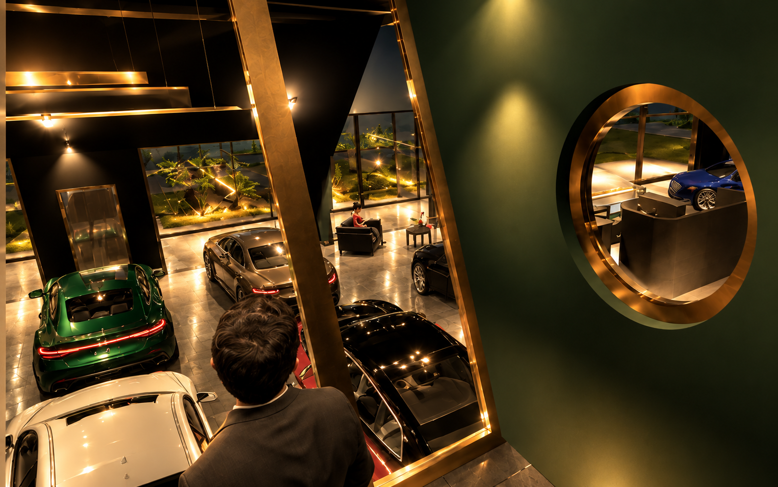 Blick von der oberen Ebene in den Showroom mit kräftigerer Bronze-, Schwarz- und Grünwirkung sowie hochwertigen Fahrzeugen