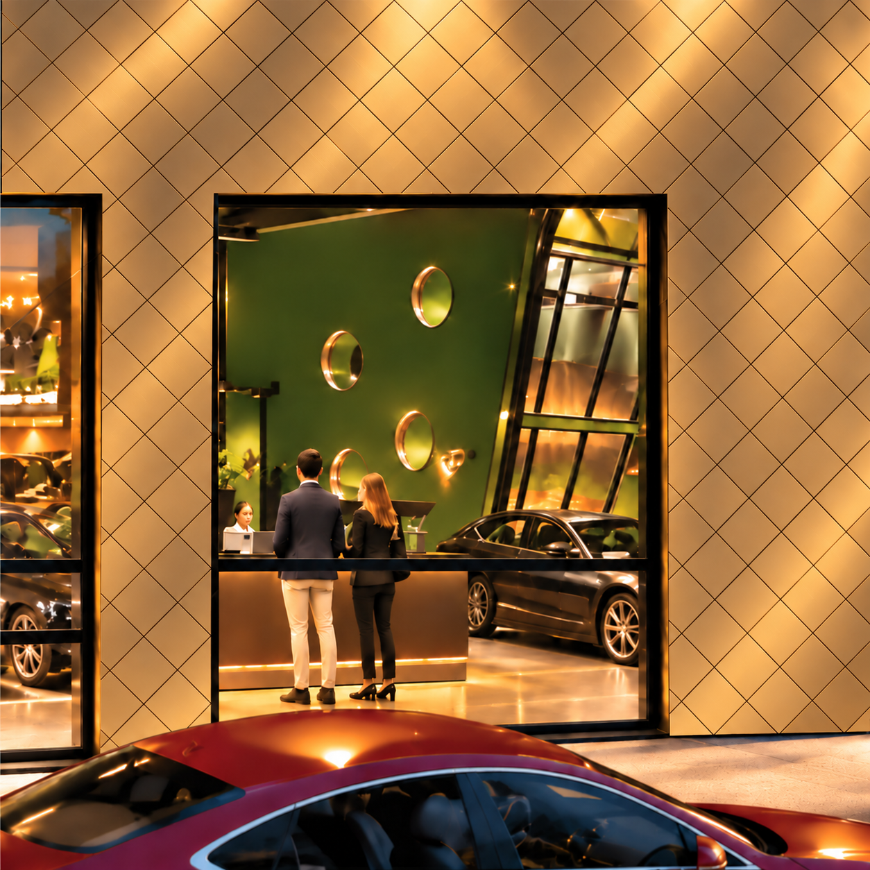 Abendlicher Fassadenausschnitt mit bronze-farbener 44/44-Rautenfassade, verglastem Showroom und sichtbarem Innenraum