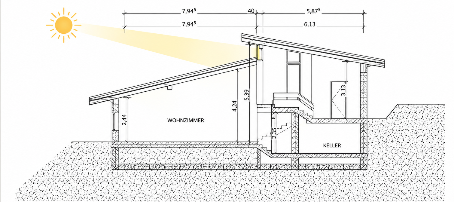 SCHNITT · SPLIT-LEVEL / GEGENLÄUFIGE PULTDÄCHER