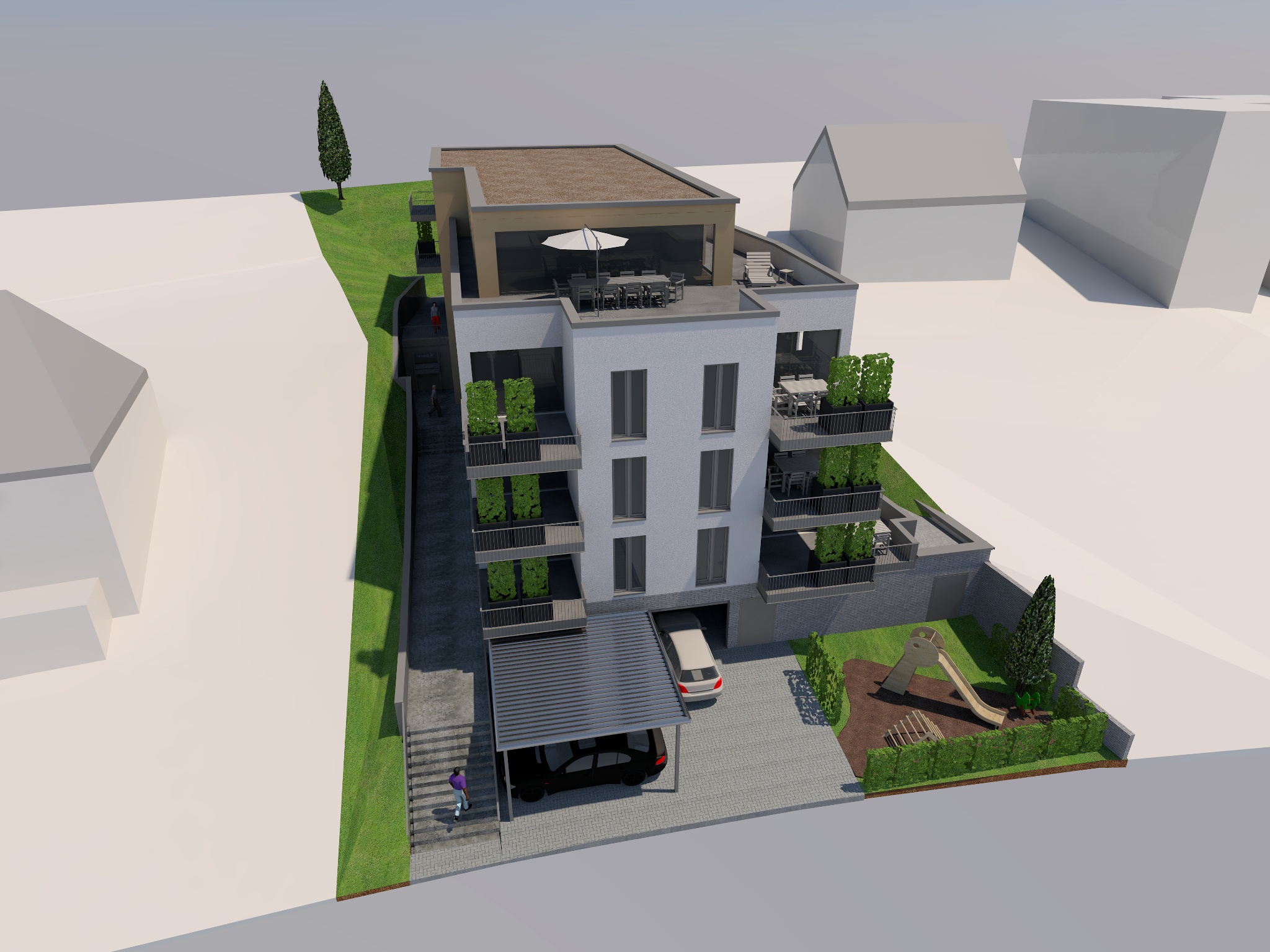 Aktualisierte Modellstudie aus erhöhter Perspektive – Staffelgeschoss, Dachterrasse und Freiraum