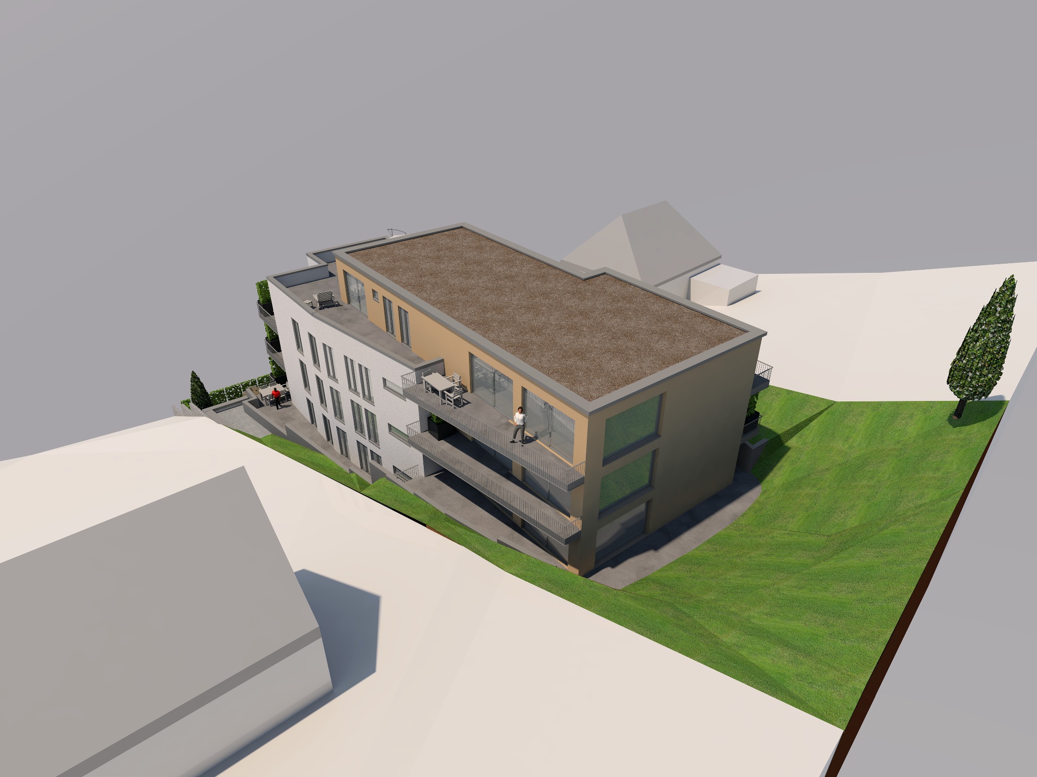 Aktualisierte Modellstudie – Hangseite, Staffelgeschoss und Dachterrasse