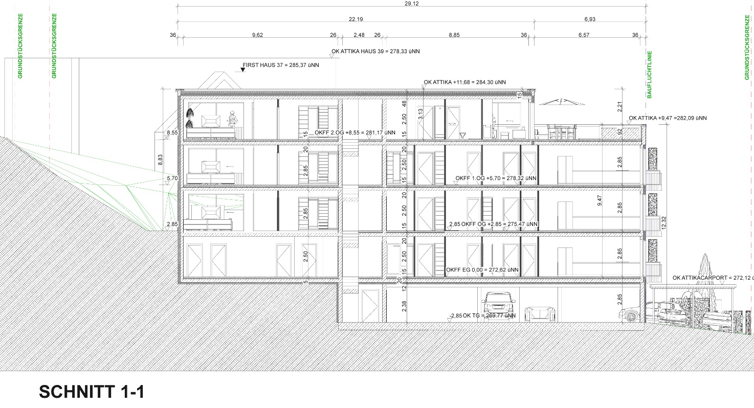Bauantragsschnitt durch das Mehrfamilienhaus und den Hang