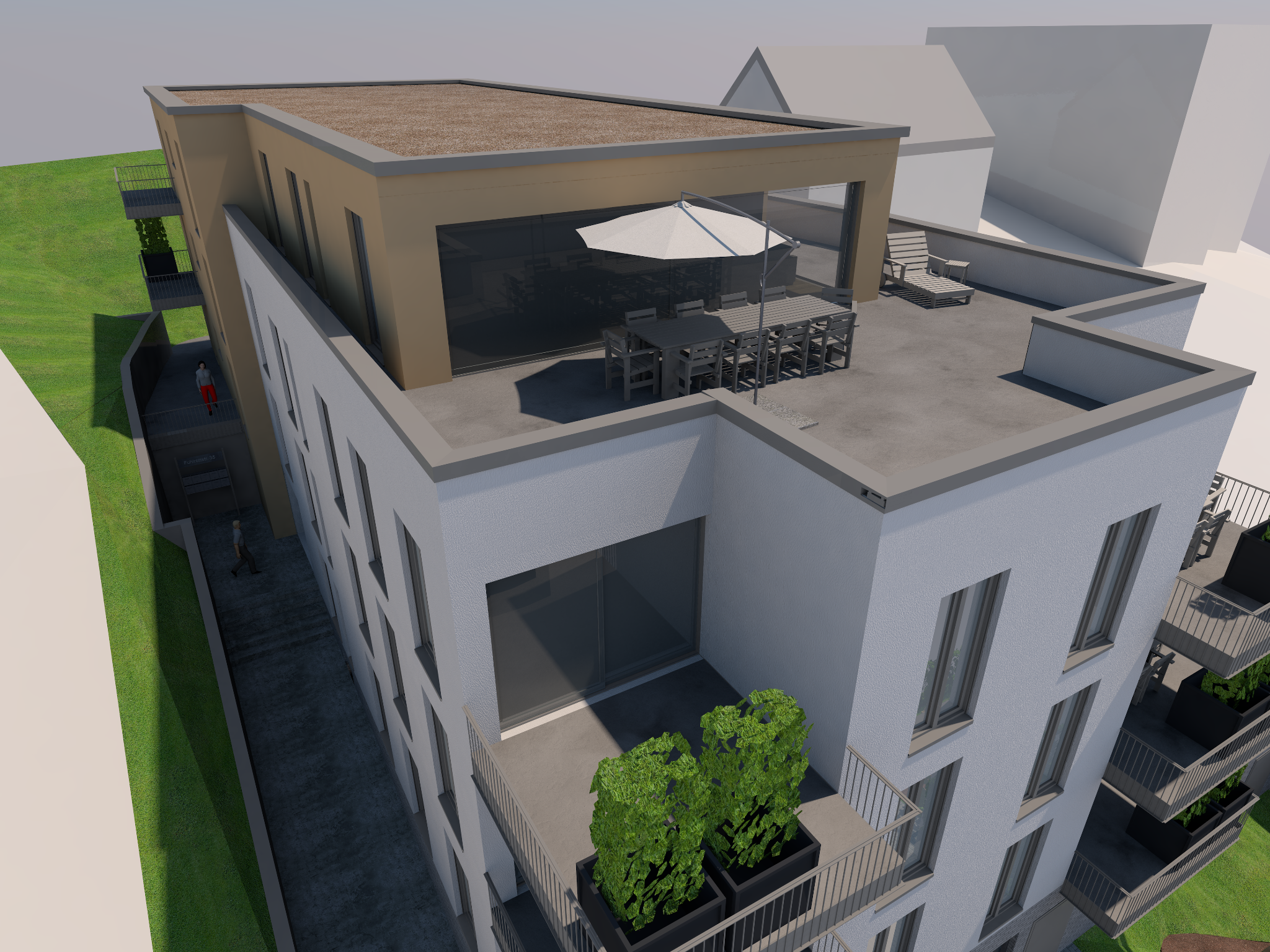 Originale Archicad-Modellstudie des Mehrfamilienhauses in Hanglage