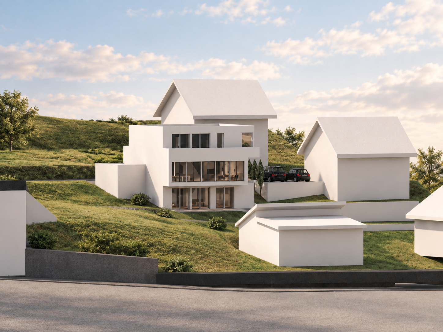 3D-Modell des Wohnhauses in Hanglage mit Einbindung in die Topografie