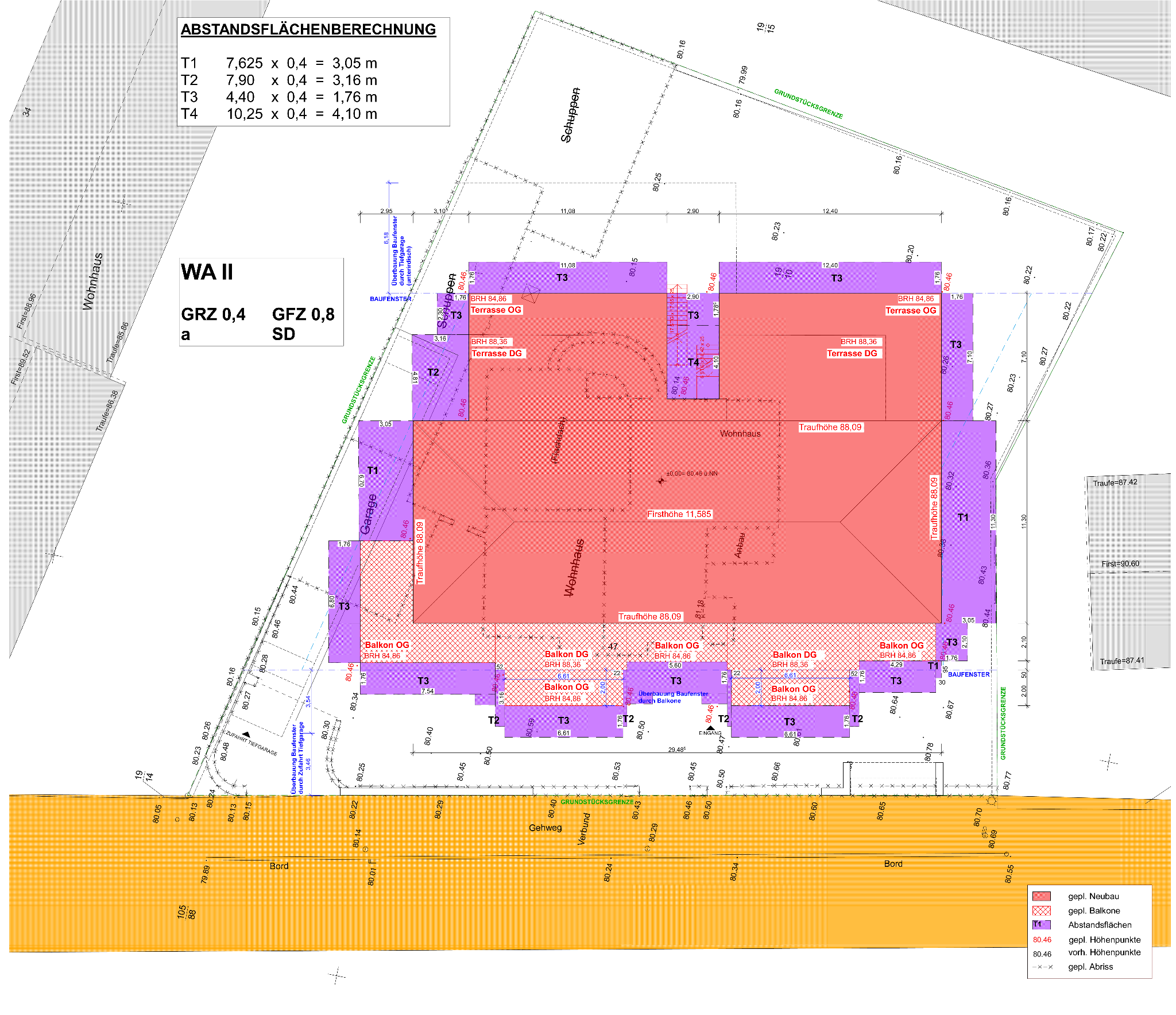 Lageplan mit Grundstück, Abstandsflächen und Gebäude