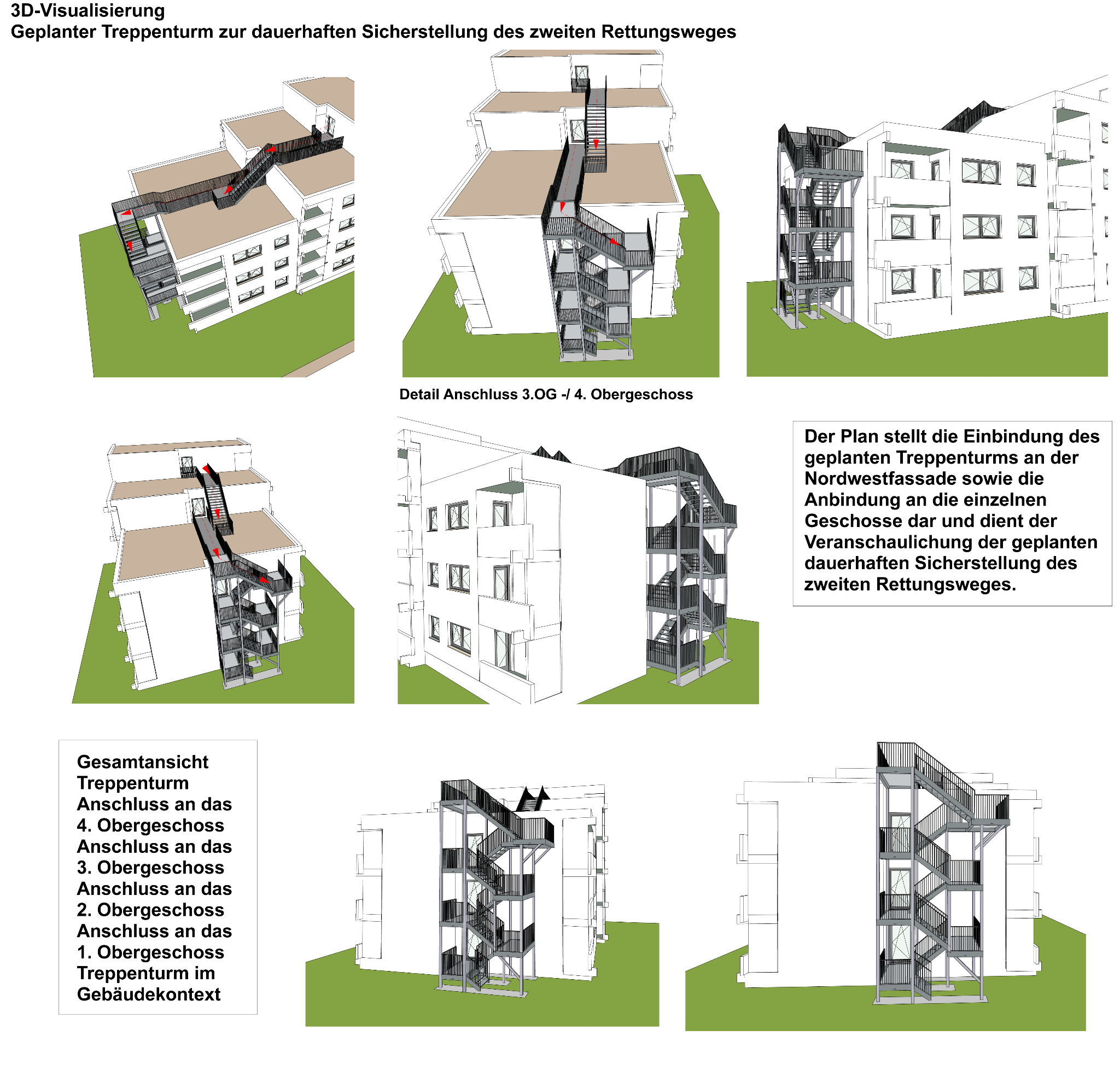 3D-Visualisierungen eines geplanten außenliegenden Treppenturms an einer bestehenden Wohnanlage
